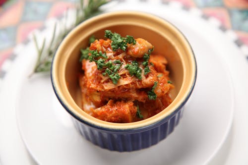 Kimchi Food in White and Blue Ramekin Bowl