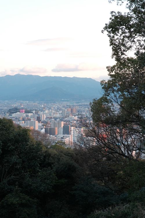 Free Beautiful view of a cityscape with urban forest in the foreground and mountains in the background. Stock Photo