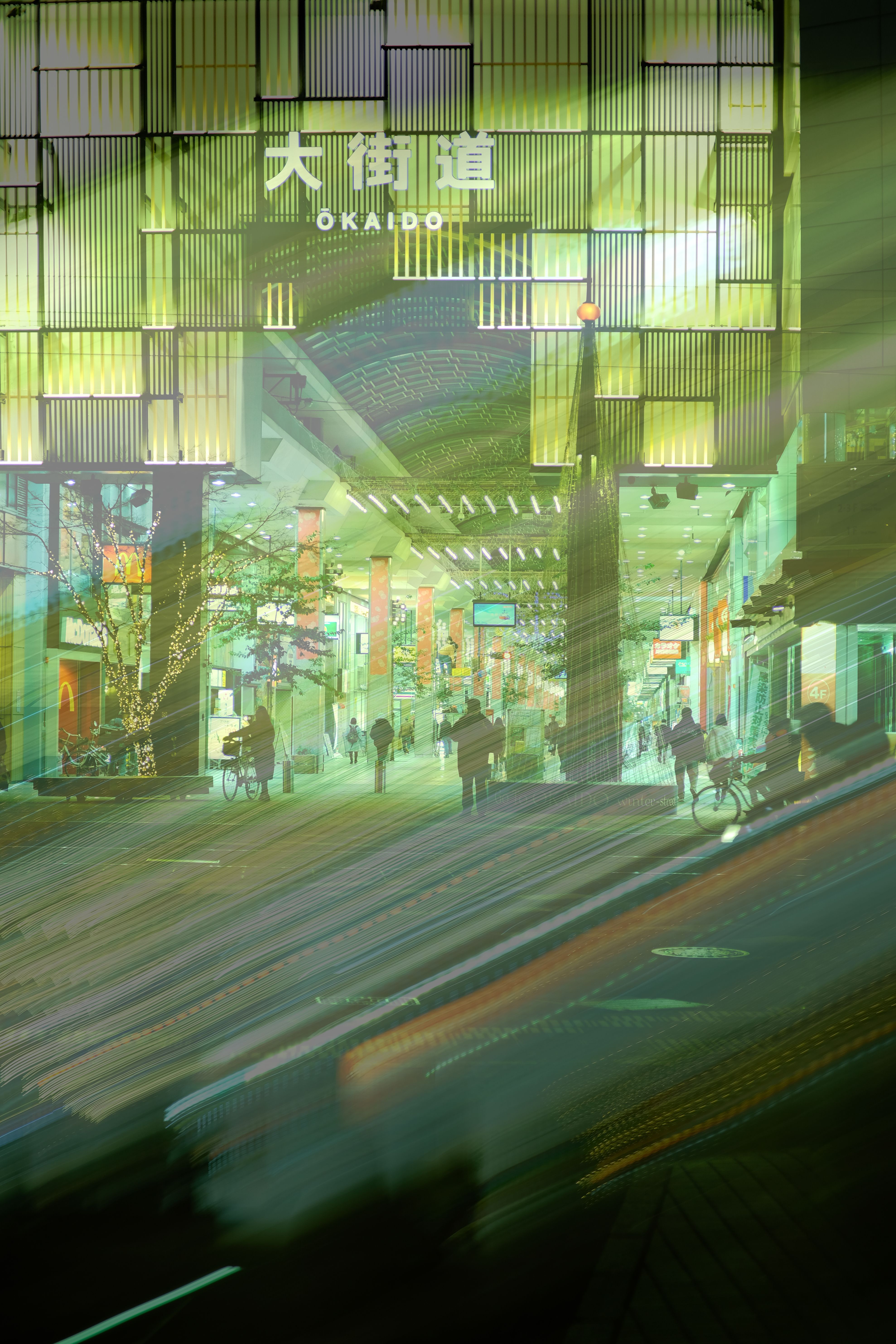 Illuminated view of Okaido shopping street at night in Japan, with people walking and city lights.