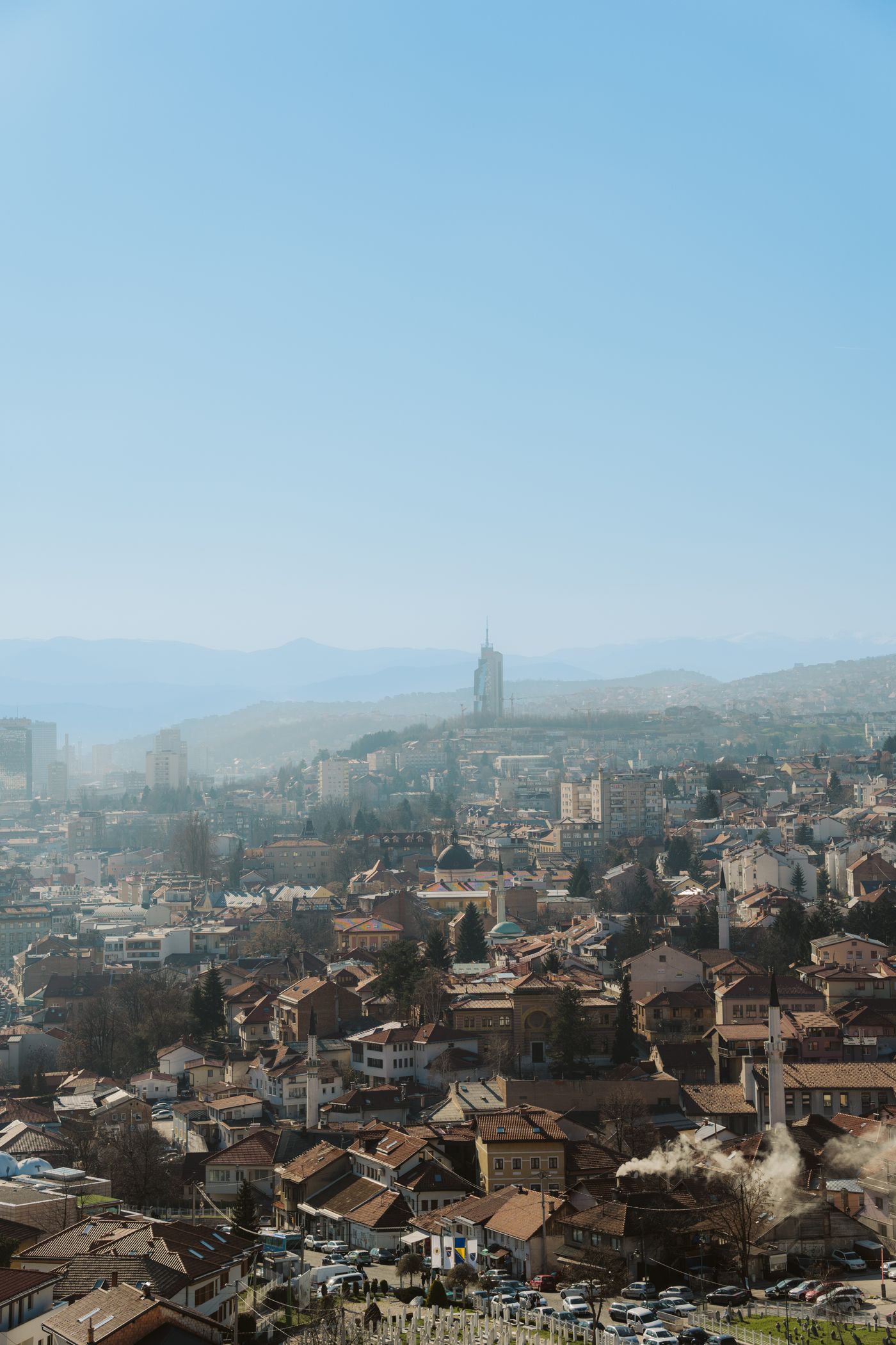 Aerial view of Sarajevo's hillside rooftops and skyline in Bosnia and Herzegovina