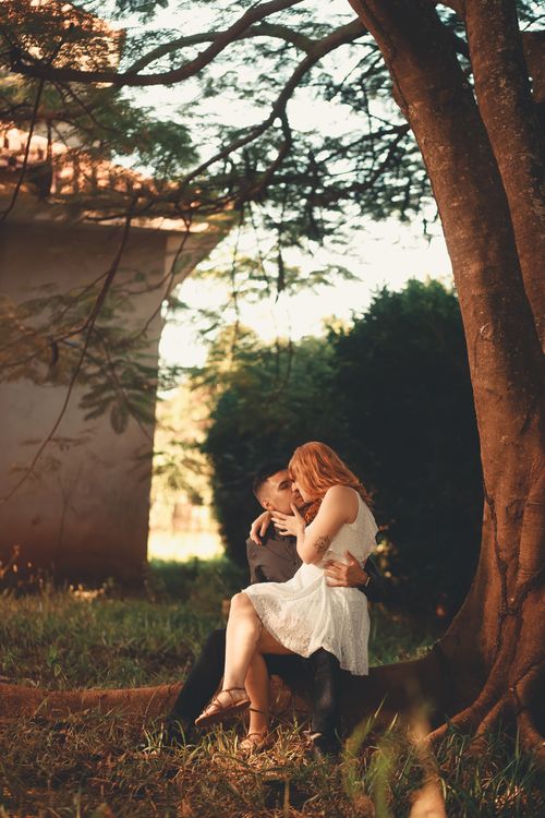 Free A couple embraces lovingly under a large tree in a serene park setting during the day. Stock Photo