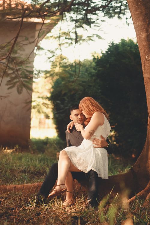 Free Romantic couple sitting under a tree in warm outdoor setting. Stock Photo