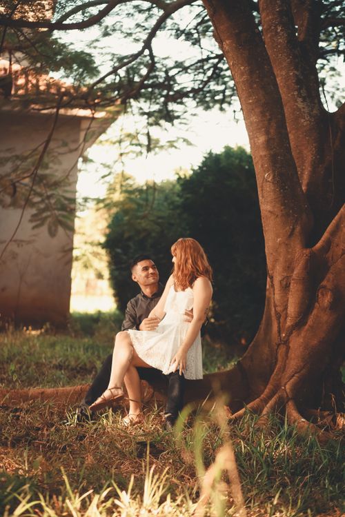 Free A loving couple sitting under a tree in a sunny outdoor setting, capturing a moment of togetherness. Stock Photo