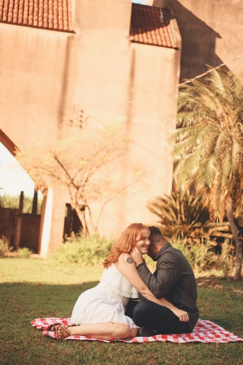 Free A loving couple embracing on a picnic blanket in a sunlit park setting, exuding romance. Stock Photo