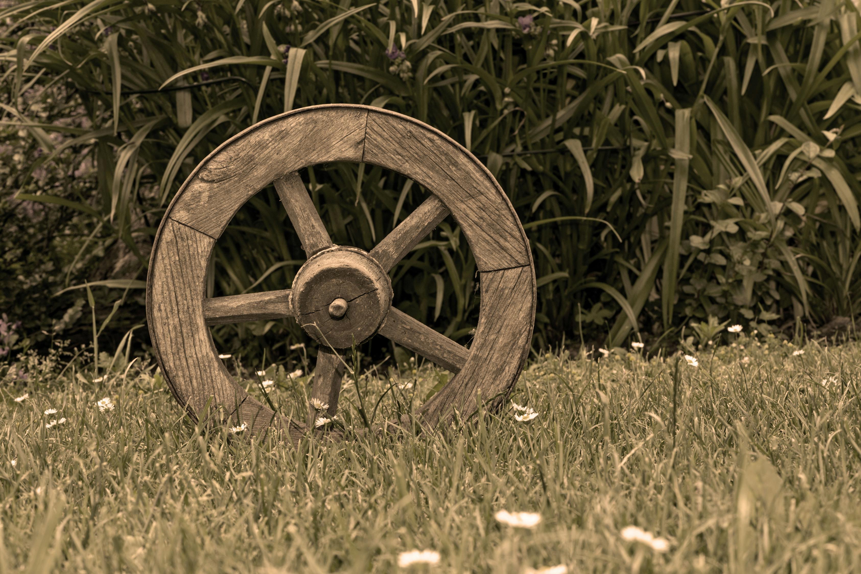 Brown Wooden Wheel on Top of Green Grass