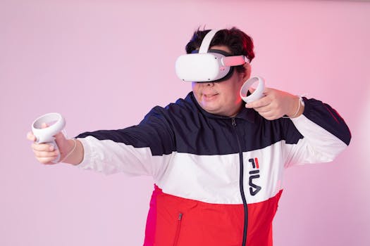 Adult male enjoying a virtual reality game using VR headset and controllers in a studio setting.