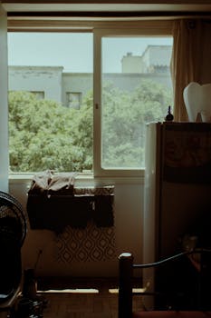 Sunlit room interior with a window view of lush green trees and urban buildings.