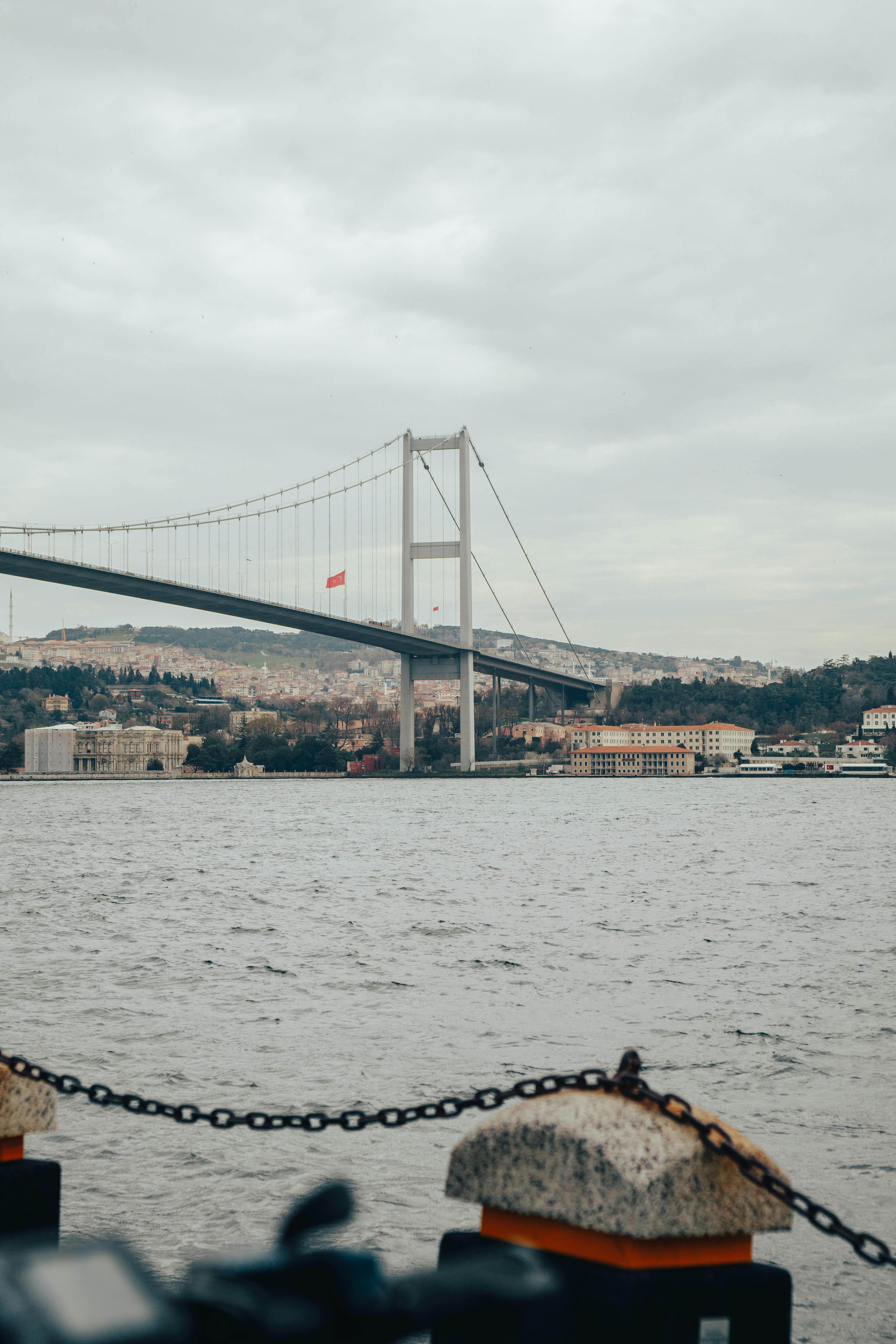 View of the Bosphorus Bridge in İstanbul with the sea in the foreground under a cloudy sky.