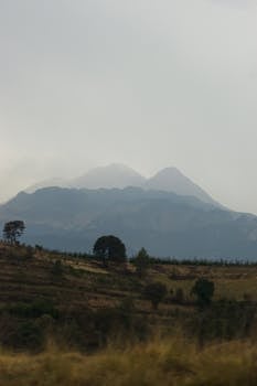 A tranquil view of volcanic hills through mist, capturing nature's serene beauty in Pue., Mexico.