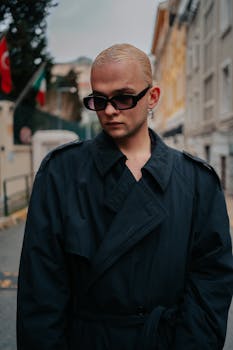 A fashionable individual wearing sunglasses and a black coat poses on a city street during the day.