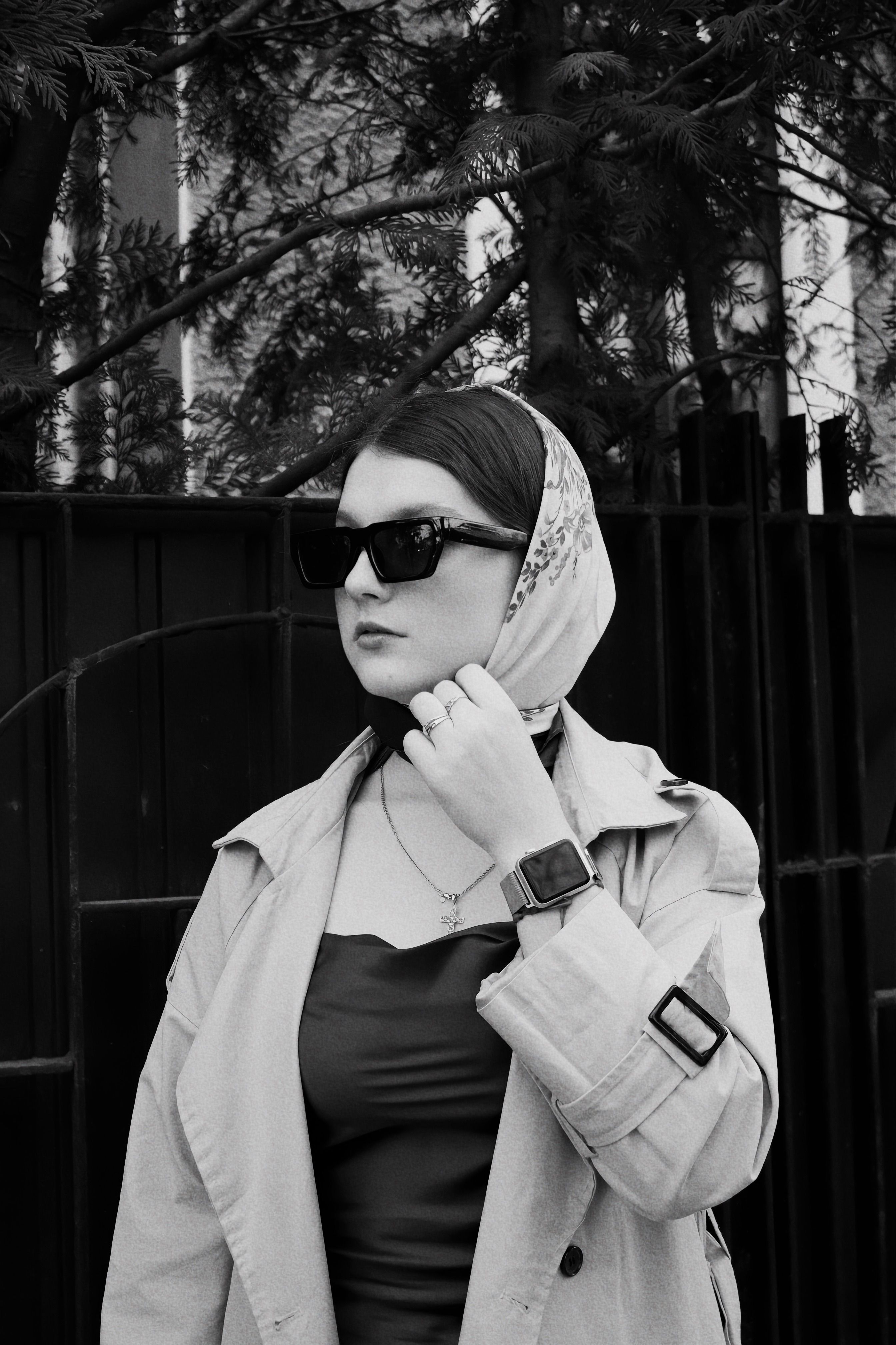 Black and White Photo of a Woman Wearing a Headscarf and Sunglasses ...