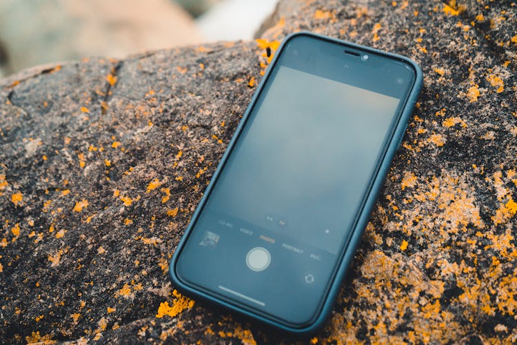 Unlocked Phone Lying On Lichen Covered Rock