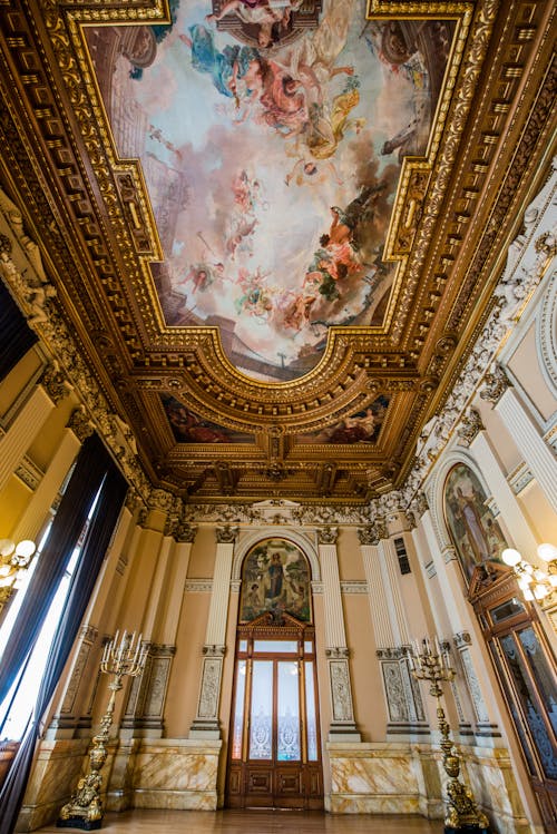 Blue Pink White and Brown Painted Ceiling Inside Establishments