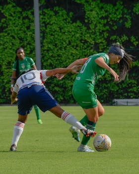Intense moment during a women's soccer match with players competing for the ball.