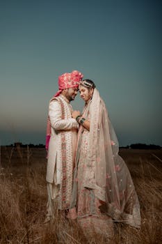 Captivating outdoor portrait of an Indian couple in traditional wedding attire, celebrating love.