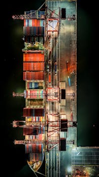 Stunning aerial shot of a cargo ship unloading at Manila port, vibrant lights at night.