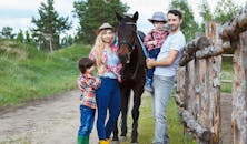 一家人在风景优美的乡村户外与马互动，捕捉快乐的时刻