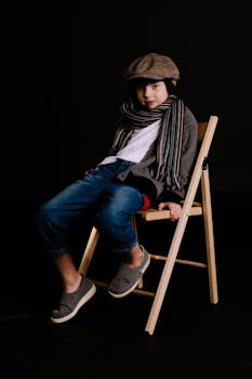 一个穿着时髦的小男孩在黑暗背景下的木椅上摆姿势