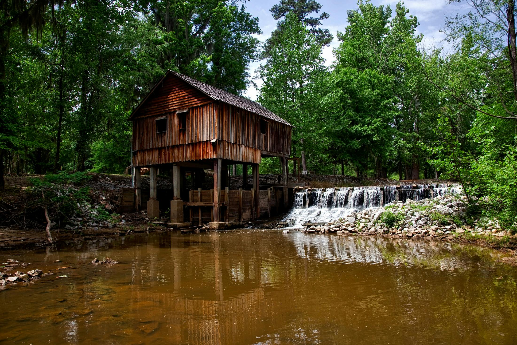 Landscape Photography of Brown Wooden House  on Forest  Near  River  Free Stock Photo