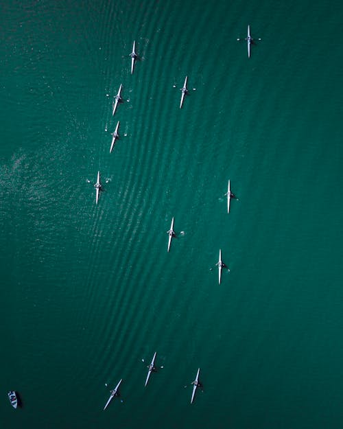水域の白いカヌーロットの航空写真
