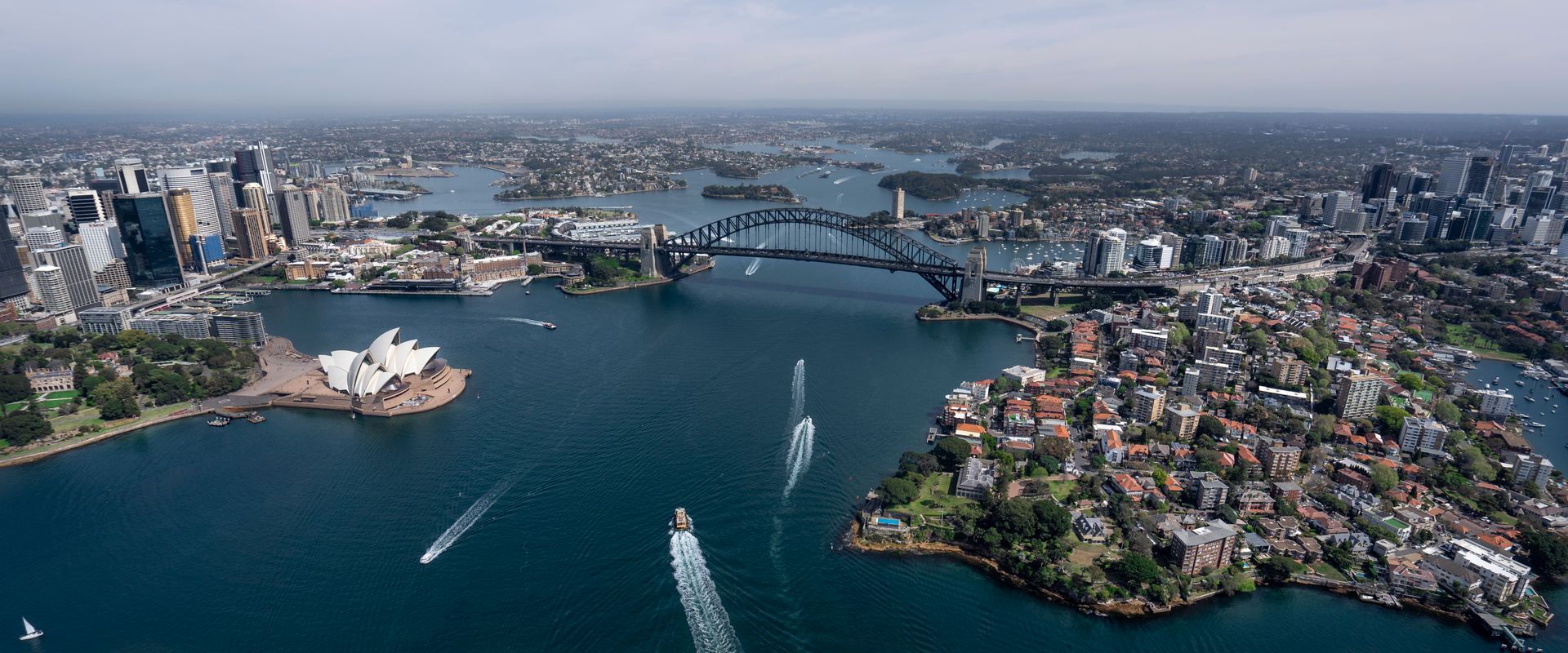 Daytime aerial view of Sydney harbour and bridge