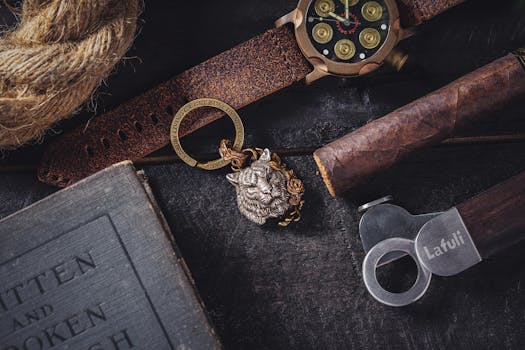 Vintage watch, cigar, and lion head ring on a dark office desk setup, with rustic elements.