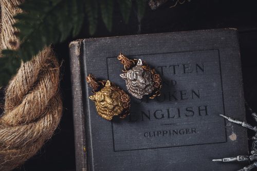 Free Gold and silver vintage tiger brooches placed on an old book surrounded by rustic and natural elements. Stock Photo