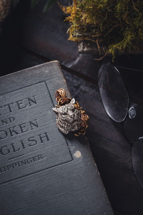 Free A silver wolf brooch adorns a vintage book, paired with reading glasses on a rustic surface. Stock Photo