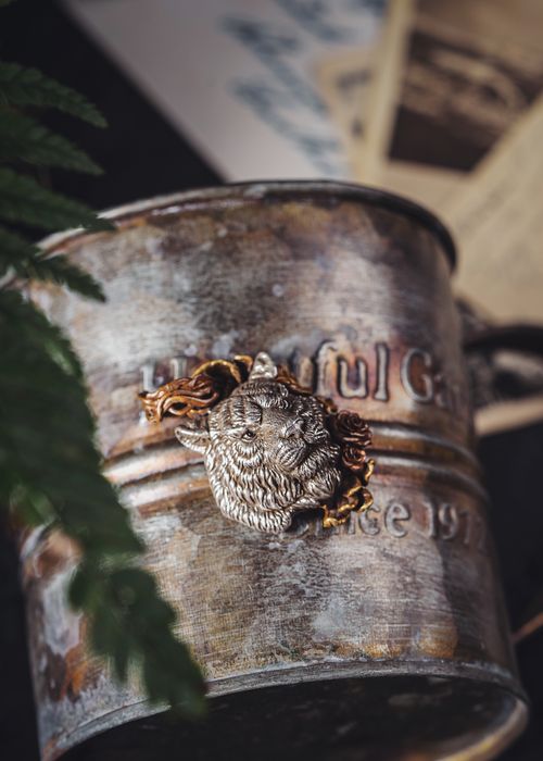 Free A close-up of a vintage silver cup adorned with a detailed lion brooch against a rustic background. Stock Photo