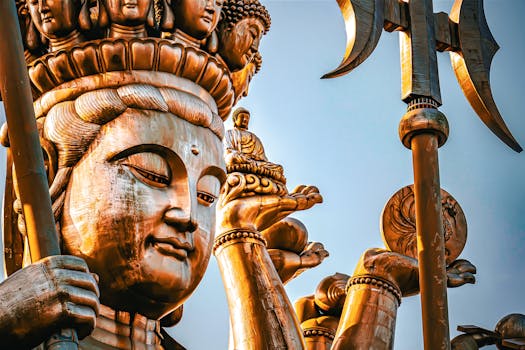 Close-up of a golden Buddha statue with intricate details set against a clear blue sky.