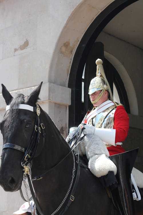 Homem Usando Capacete De Cavaleiro Prateado, Cavalgando Um Cavalo Preto Em Foto De Paisagem