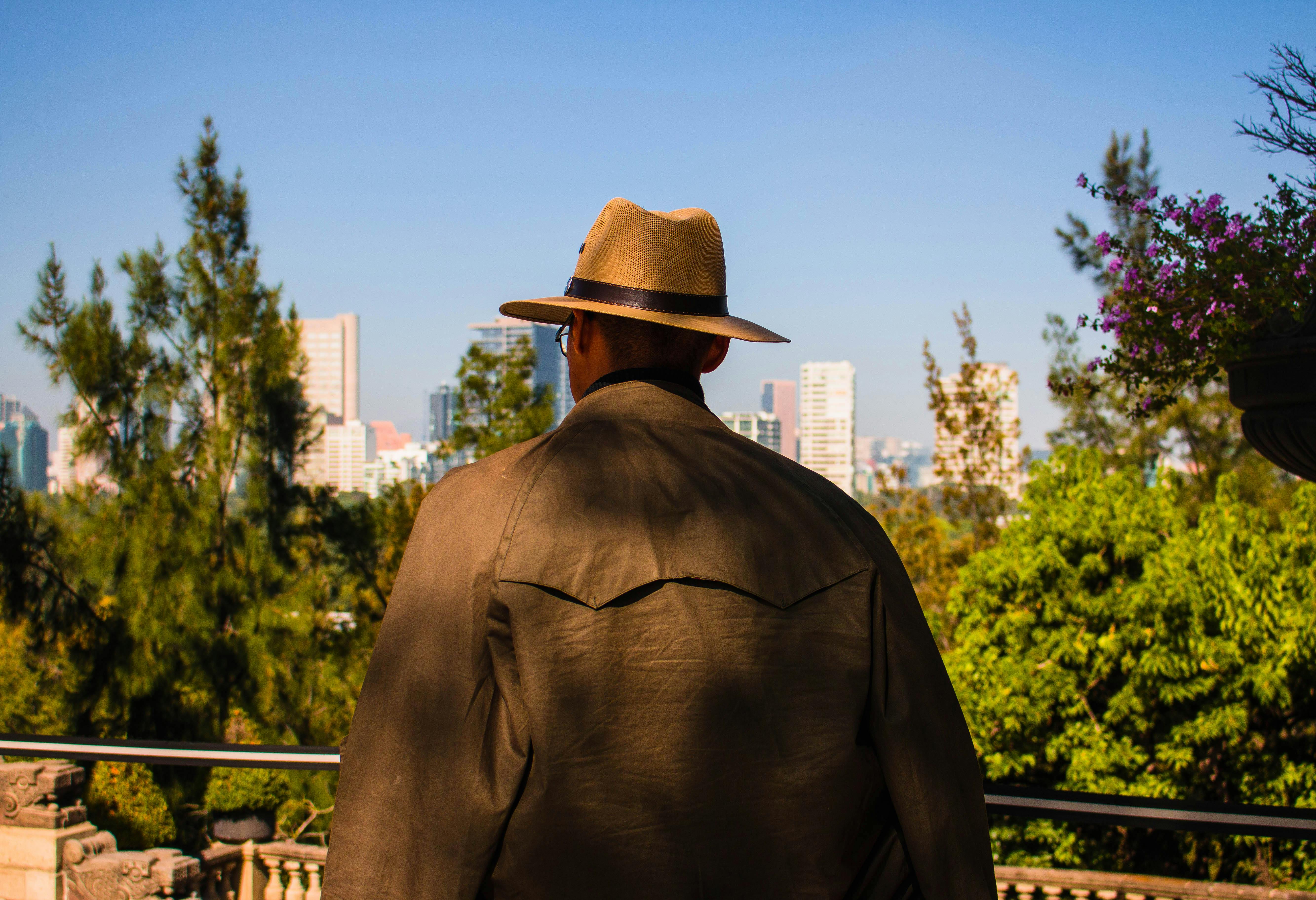 A man in a hat looks out to a city skyline from a park on a sunny day.