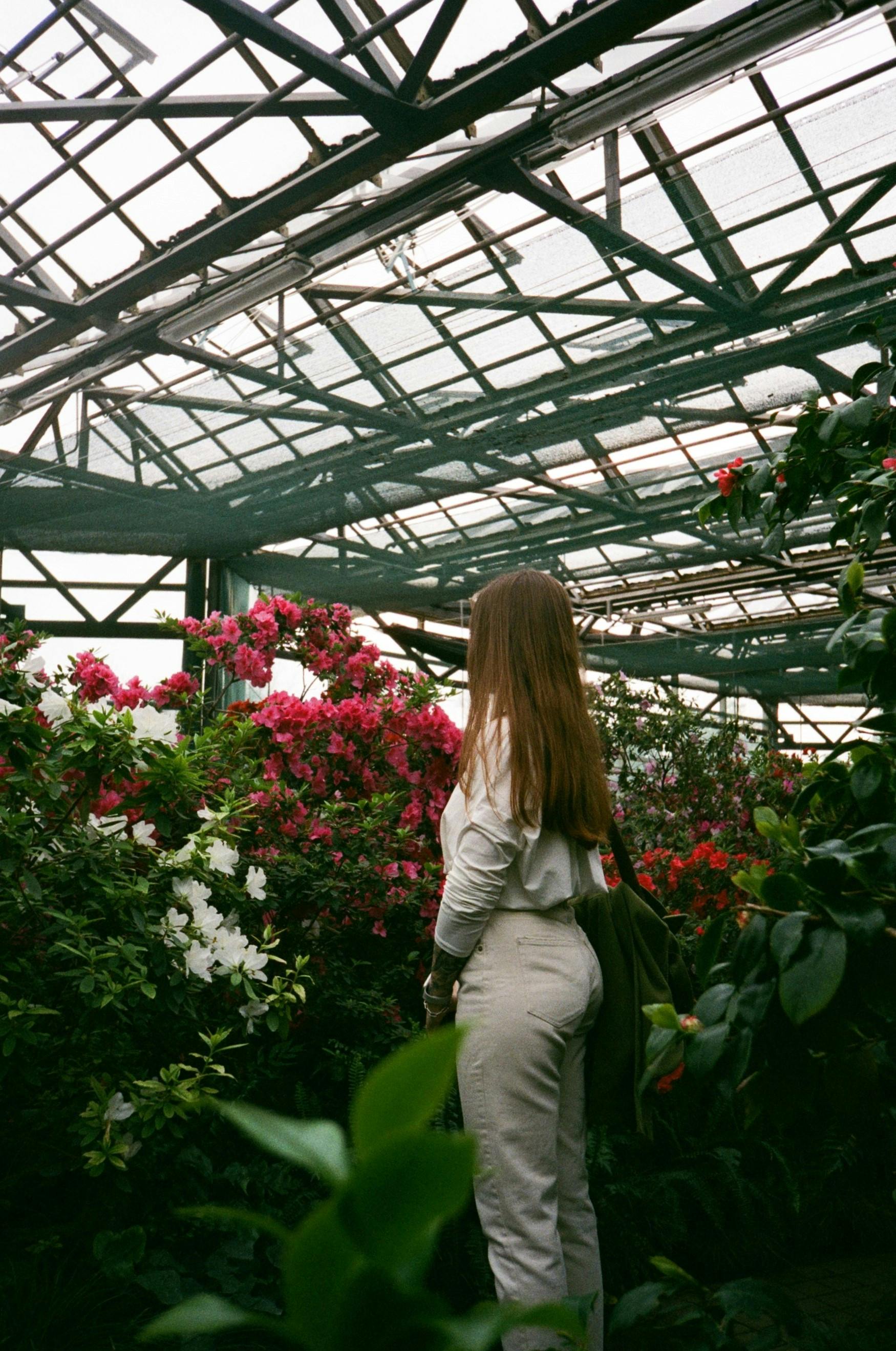 A woman stands in a greenhouse surrounded by colorful blooming flowers.