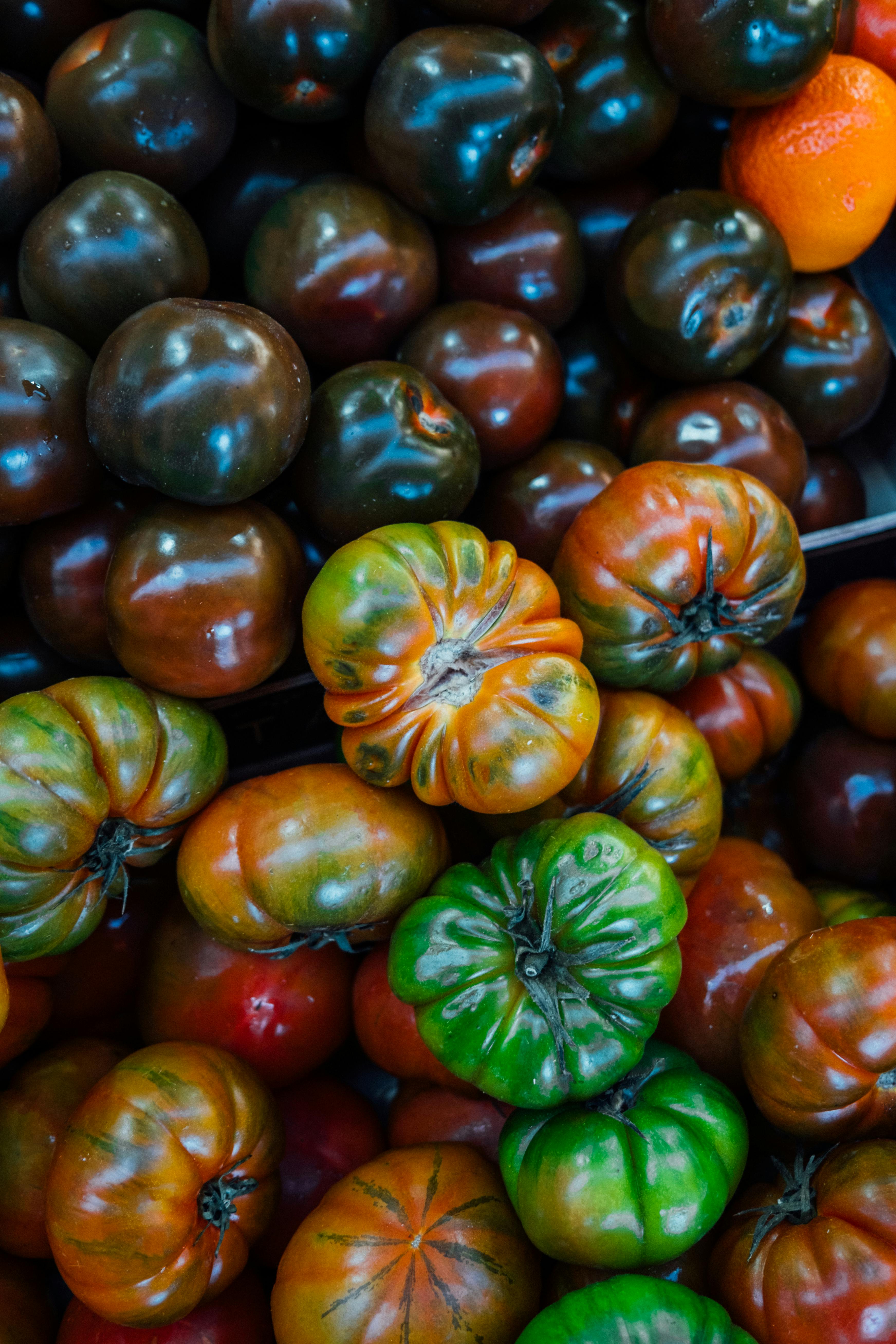 A vibrant assortment of heirloom tomatoes and other fresh produce on display.