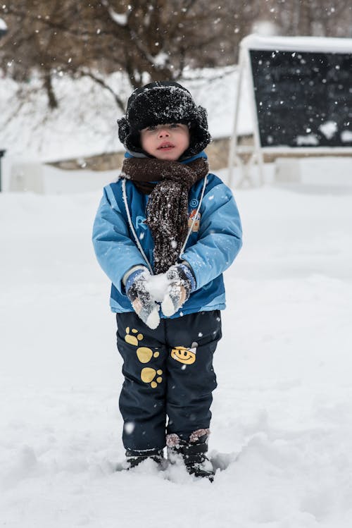 Free Toddler Standing On Snow Holding Snowball Stock Photo