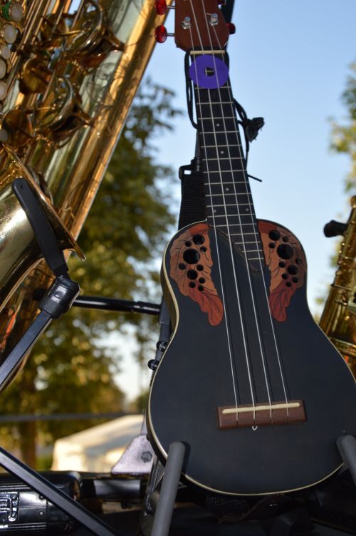 Free A colorful ukulele alongside brass instruments like saxophones, displayed outdoors in natural light. Stock Photo