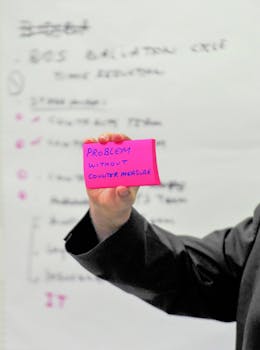 一张写着“没有对策的问题”的粉色纸条特写镜头，出现在办公室环境中