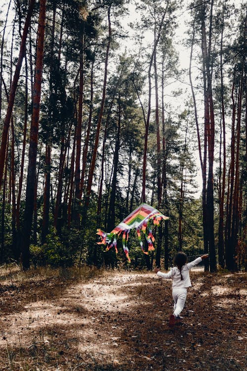 A Little Girl with a Colorful Kite Running in the Forest 