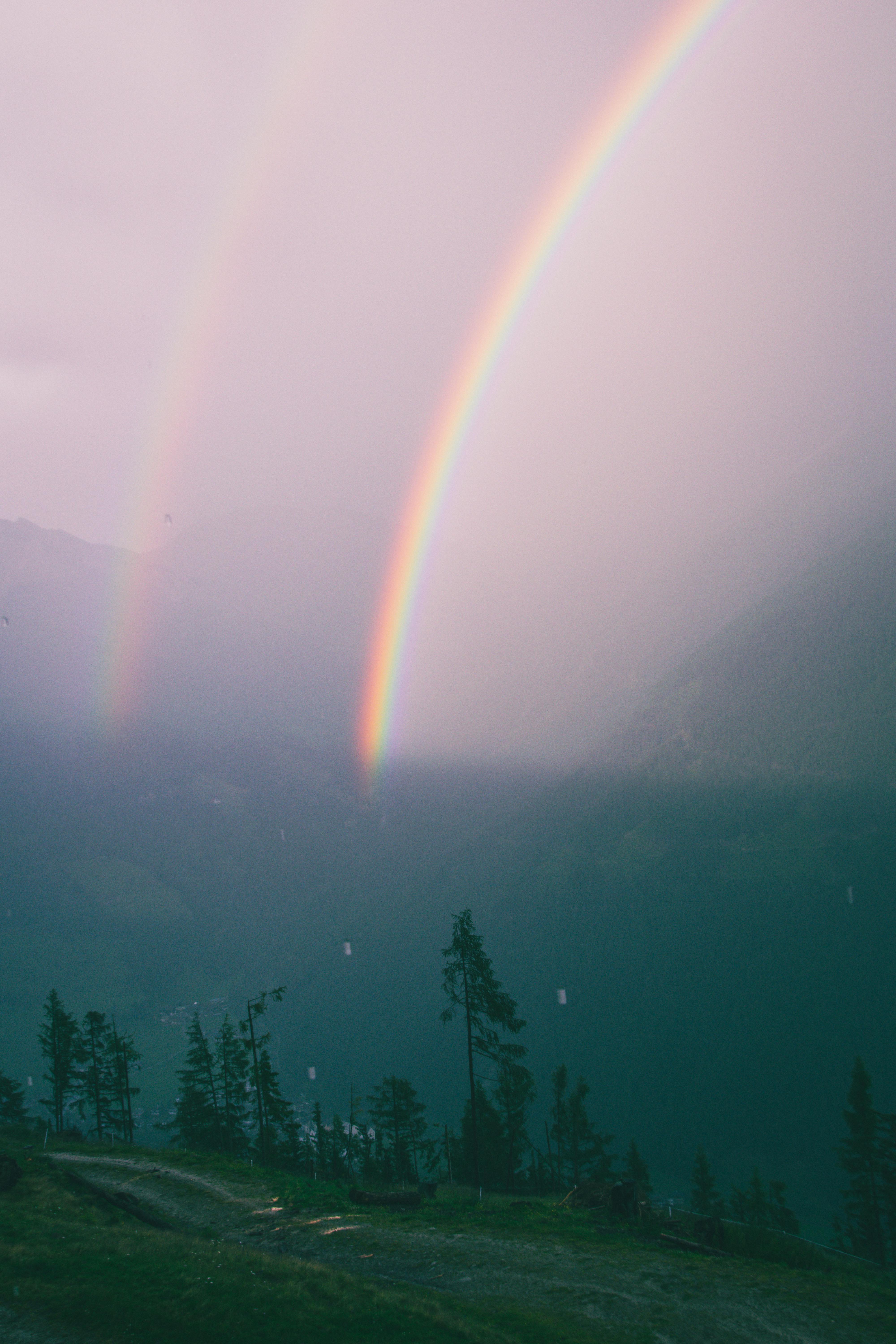 A beautiful double rainbow arching over a misty forest in Kals am Großglockner, Austria.
