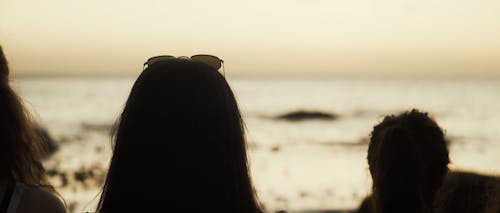 Silhouette of person with sunglasses enjoying the sunset golden hour with friends 