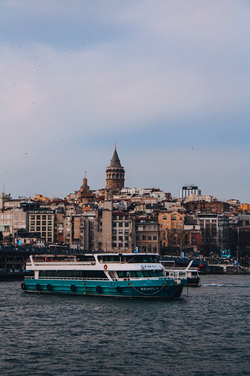 Ferries Sailing on Coast in Istanbul with Galata Tower behind