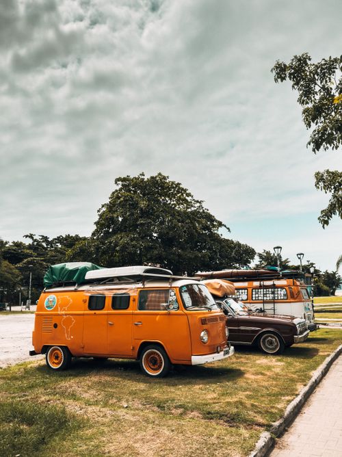 Free Vintage Volkswagen Westfalia camper vans parked amidst lush trees in Brazil under an overcast sky. Stock Photo