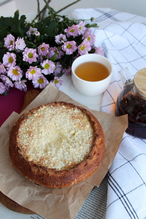 Tea, Flowers and Sweet Bakery Product