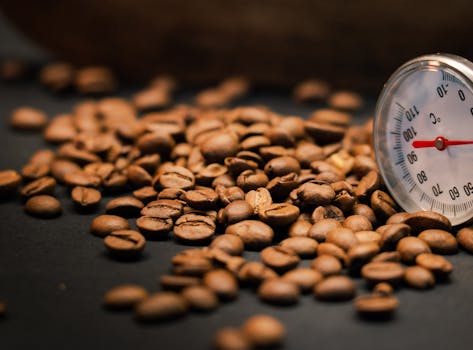 A close-up shot of roasted coffee beans alongside a thermometer indicating temperature.