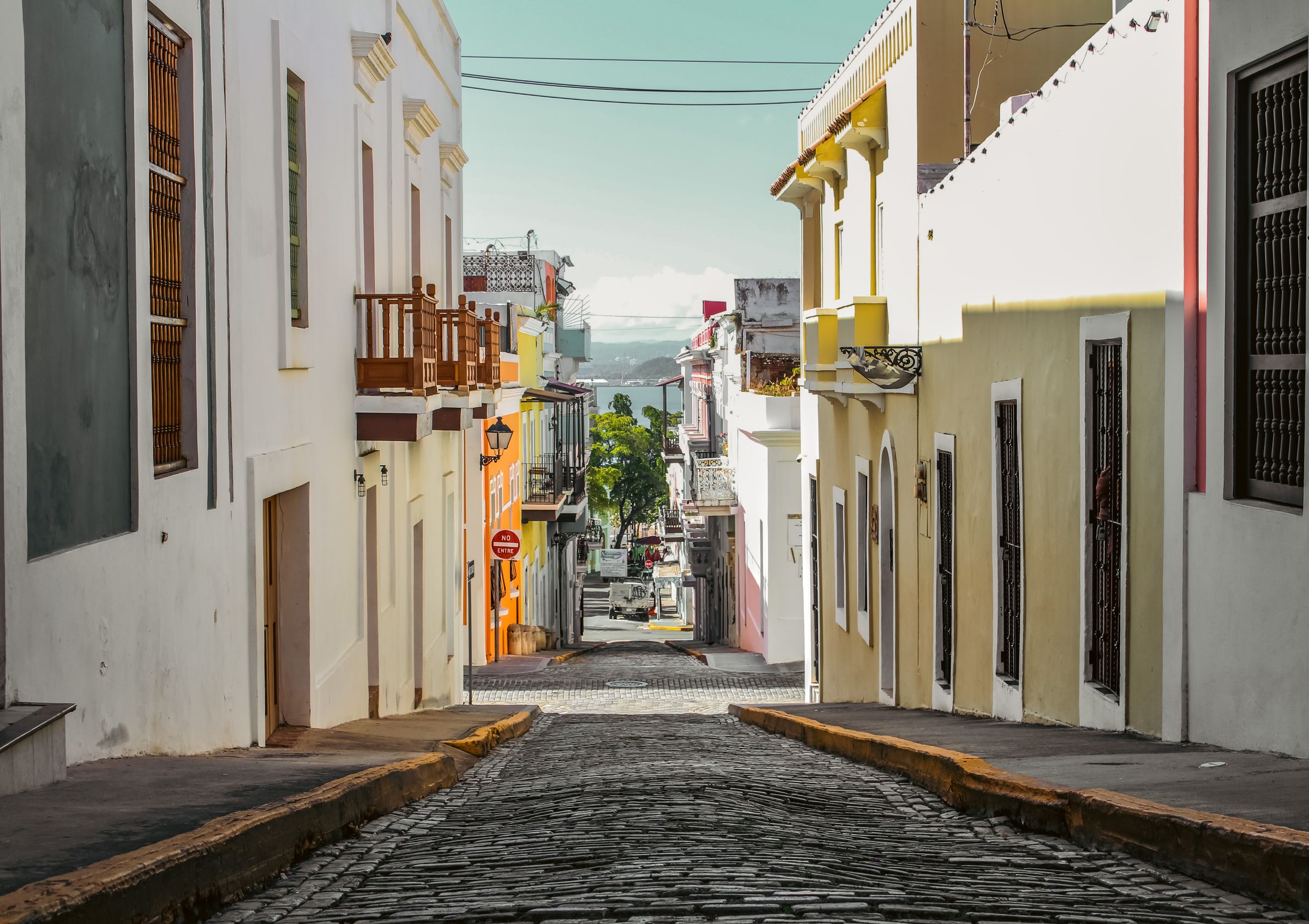 An empty cobblestone street in Old San Juan, Puerto Rico