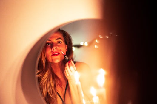 A stylish woman applies lipstick while illuminated by warm candlelight reflection.