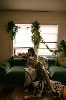 A serene moment in a lush living room with pets and greenery.