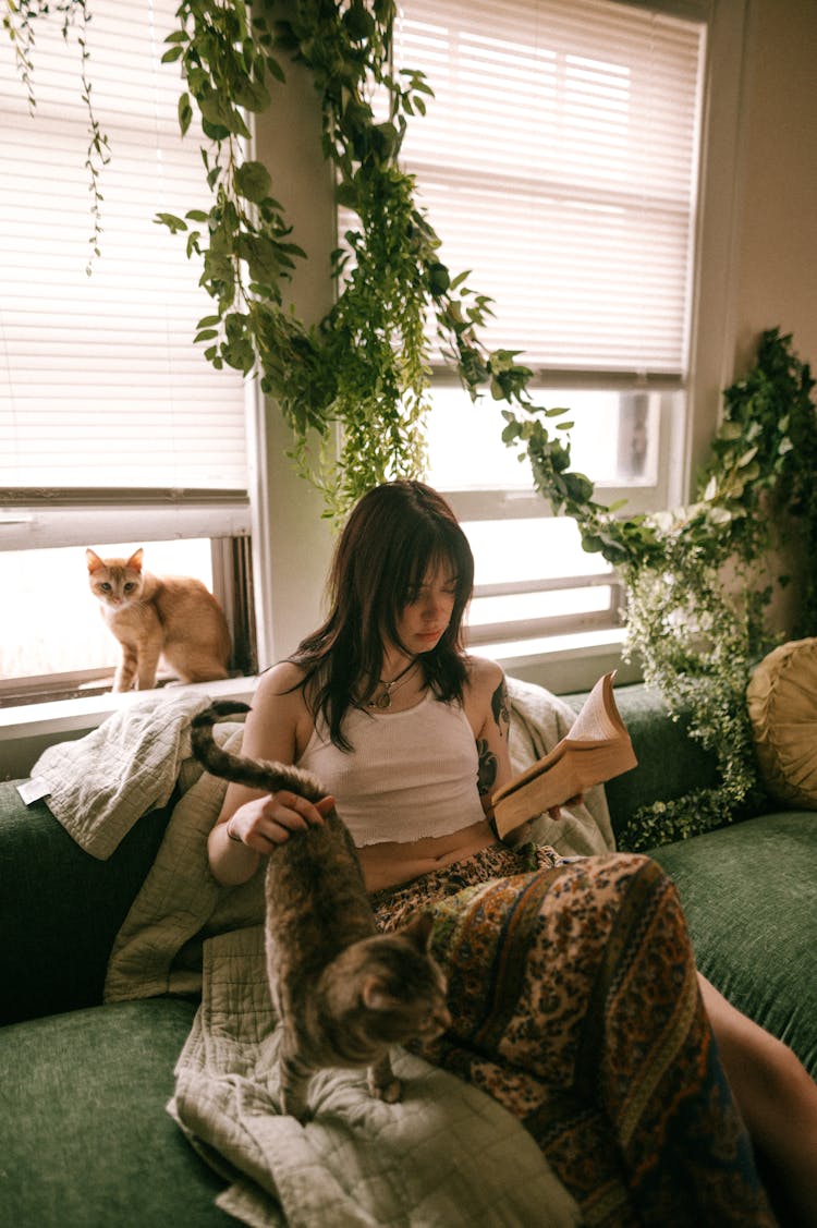 Woman Reading On Sofa While Petting Cat