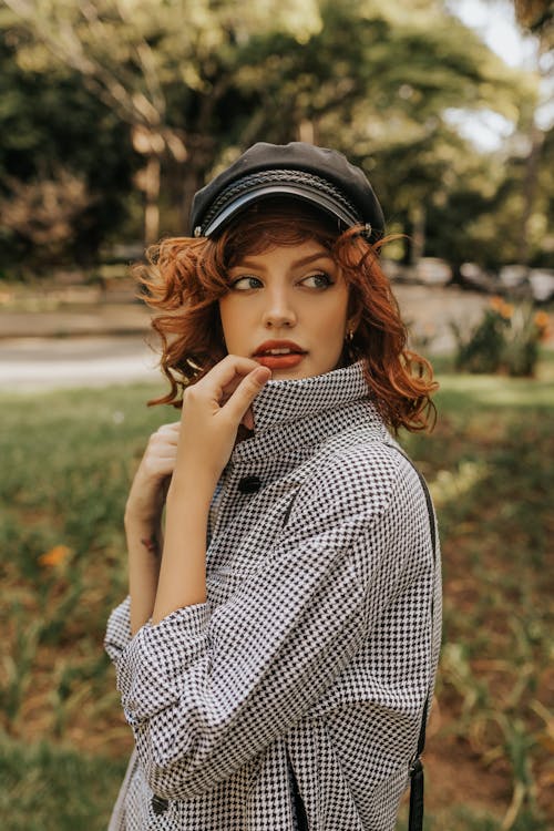 Woman in Patterned Autumn Coat