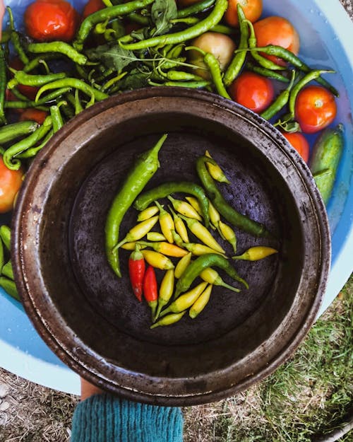 Chili Peppers in Brass Bowl